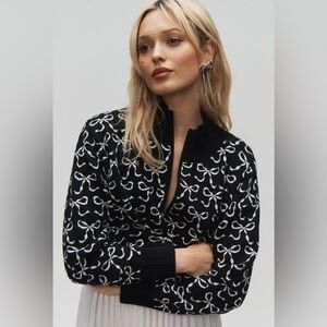 Maeve Anthropologie The Montana Mock-Neck Half-Zip Sweater Black Bow Print Small